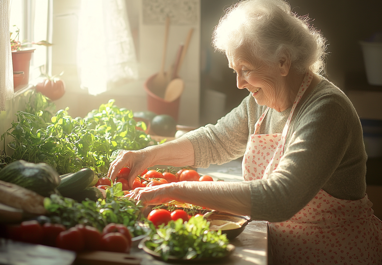 Старша жінка готує здорову їжу на кухні